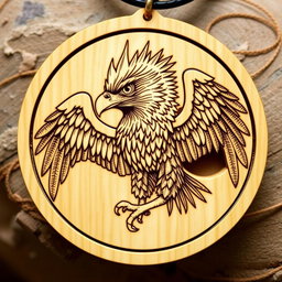 A beautiful detailed engraving of a majestic African crowned eagle, symbolizing strength, suitable for a carved wooden necklace