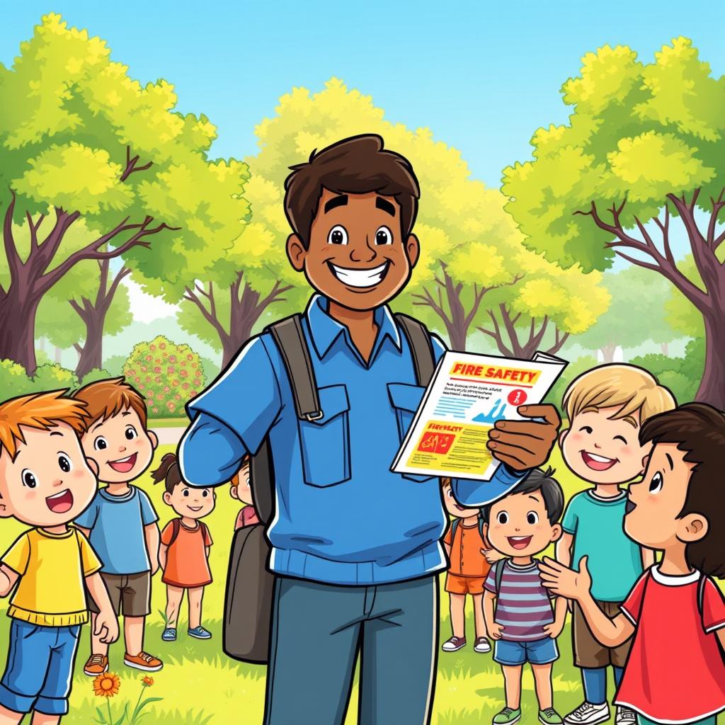A cheerful community volunteer distributing bright and colorful fire safety pamphlets, illustrated in a whimsical cartoon art style
