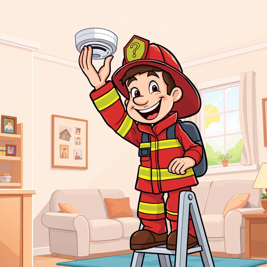 A cartoonish firefighter happily installing a smoke detector in a cozy home