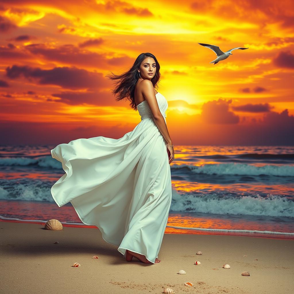 A breathtaking sunset casting vivid oranges and purples over a serene beach scene