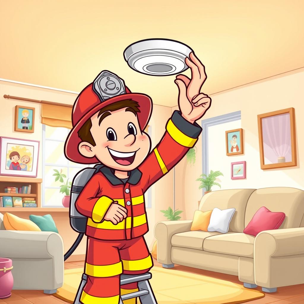 A cartoon firefighter cheerfully installing a smoke detector in a cozy living room setting