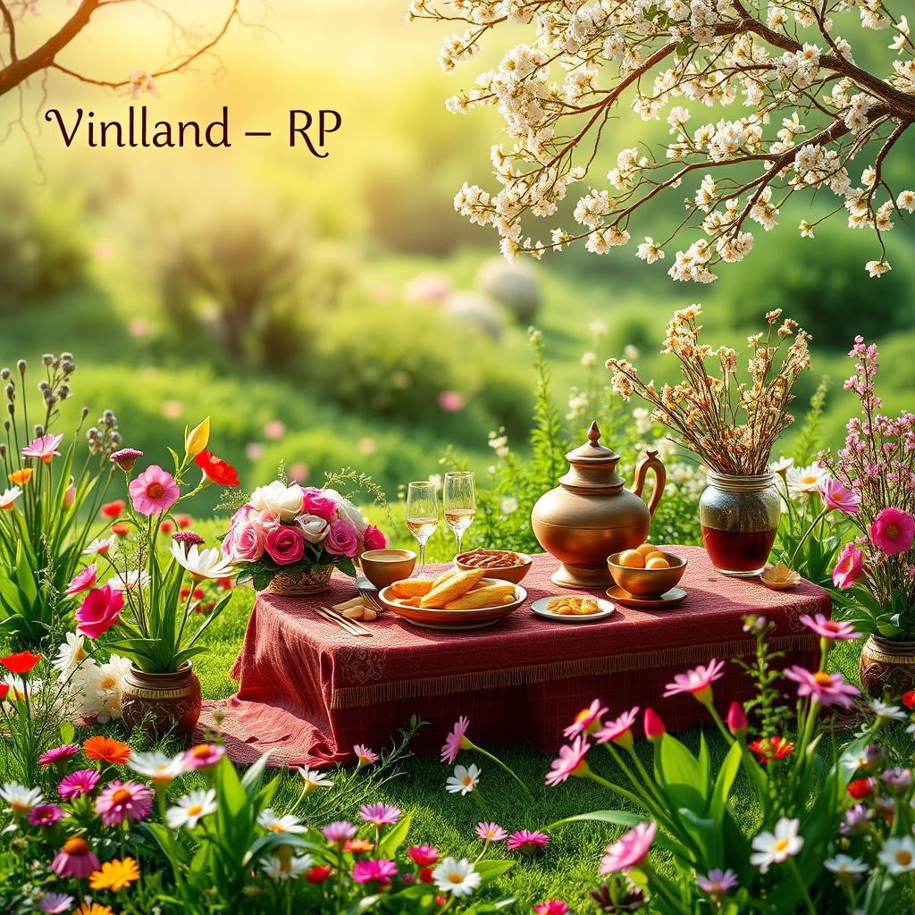 A vibrant spring background featuring a lush green landscape and elements of nature, with a traditional Haft-Seen (Persian New Year table) elegantly arranged