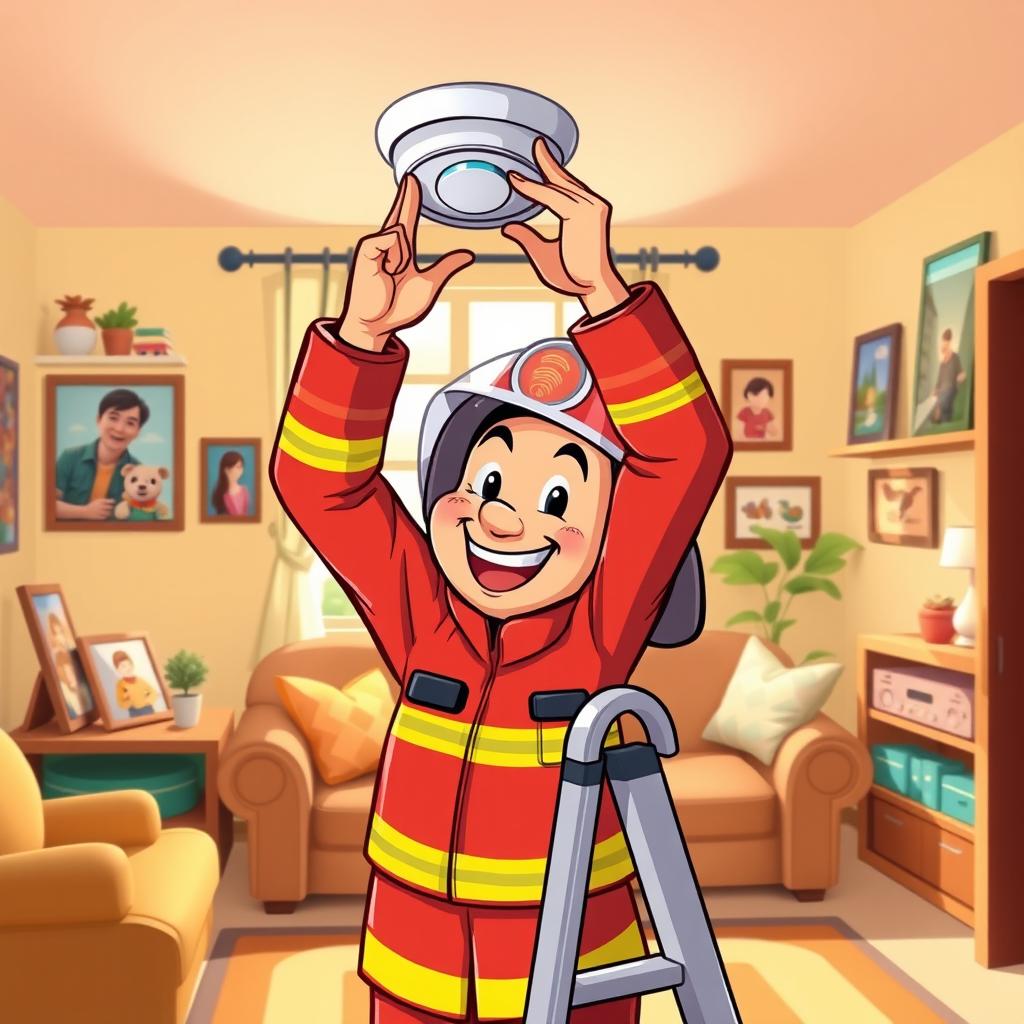 A cheerful firefighter installing a smoke detector in a cozy, cartoon-style home setting