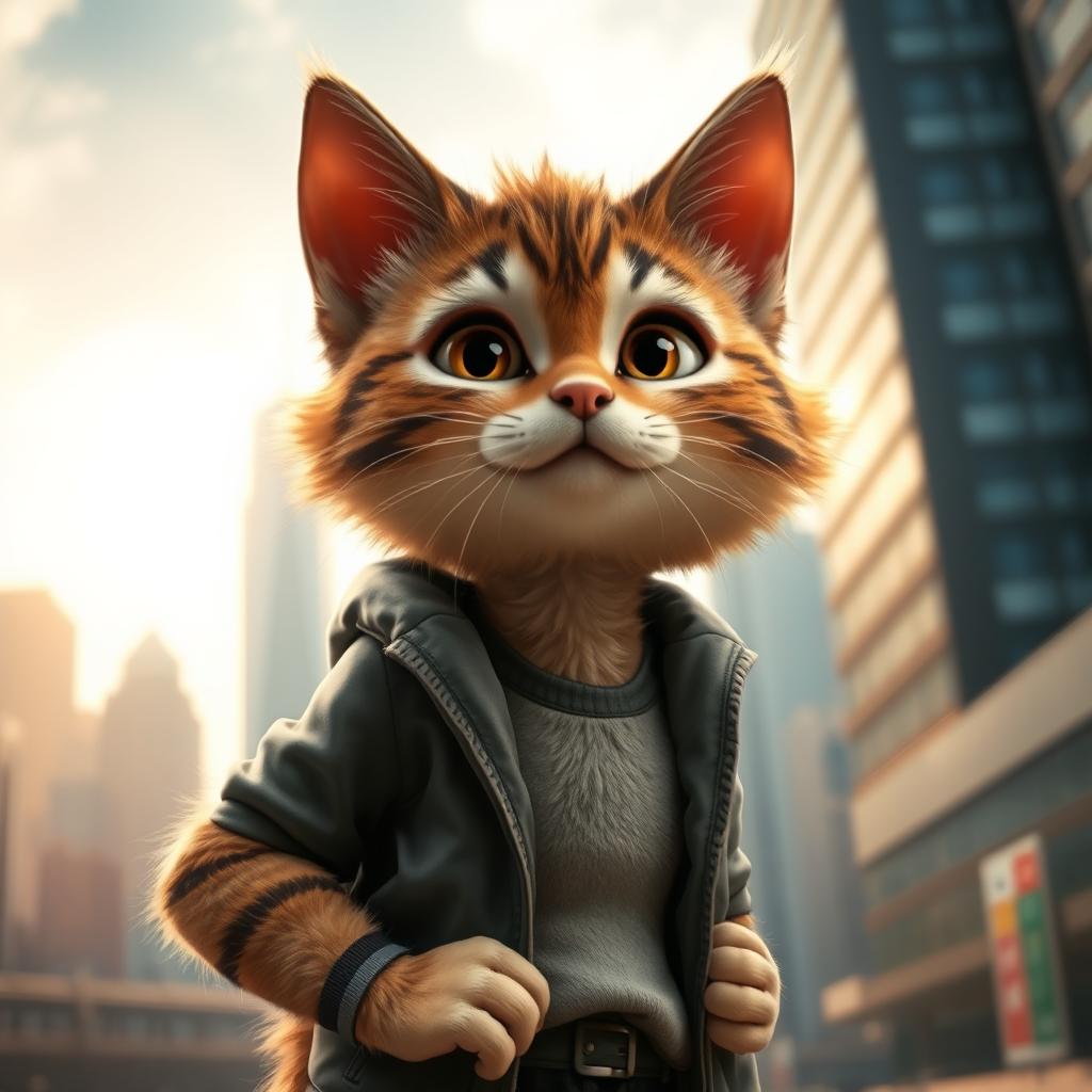 A humanoid cat, anthropomorphic feline with human-like features, dressed in a stylish outfit, standing confidently in an urban setting