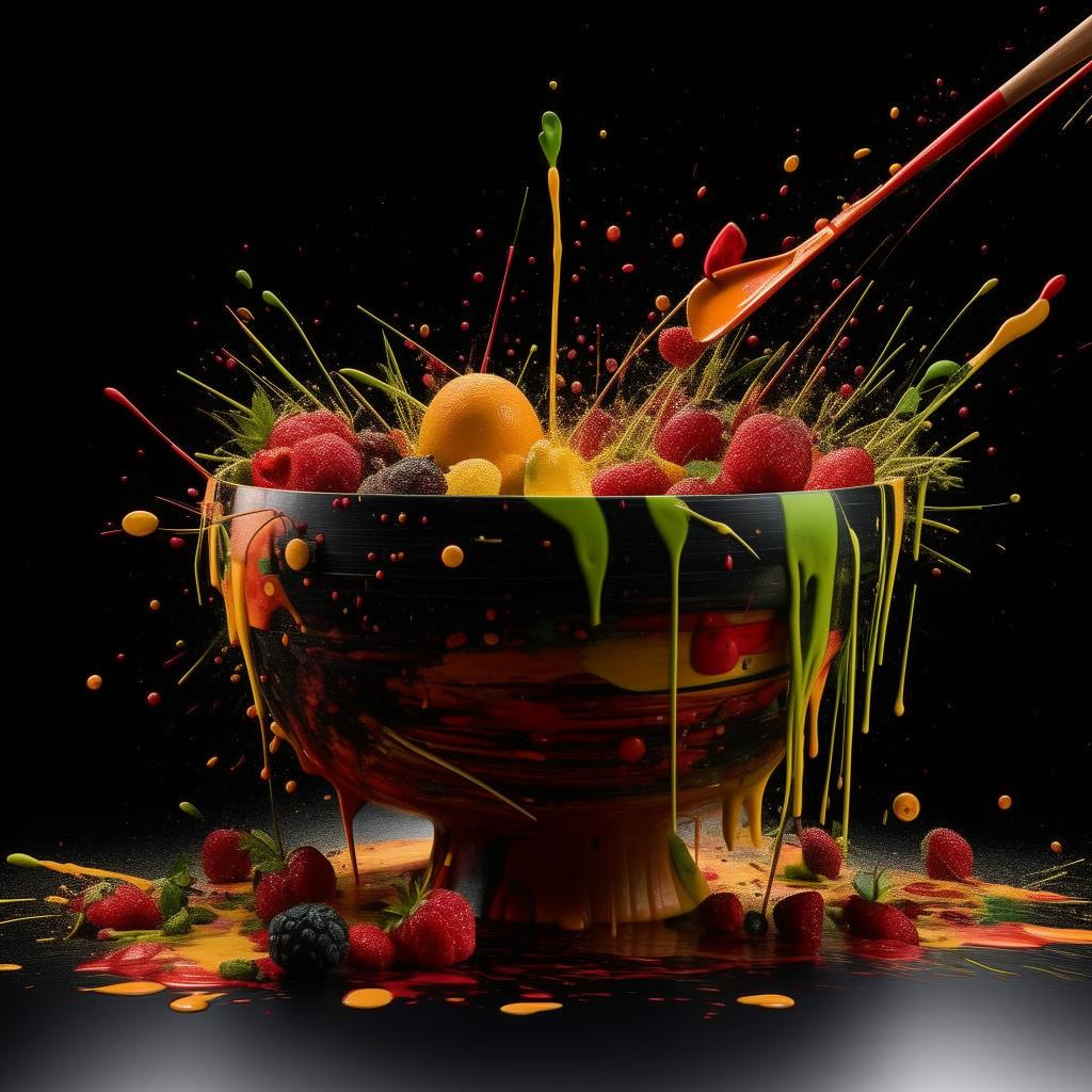 A high-definition, conceptual image of a deconstructed fruit bowl with artistically arranged splatters and an elegant composition.