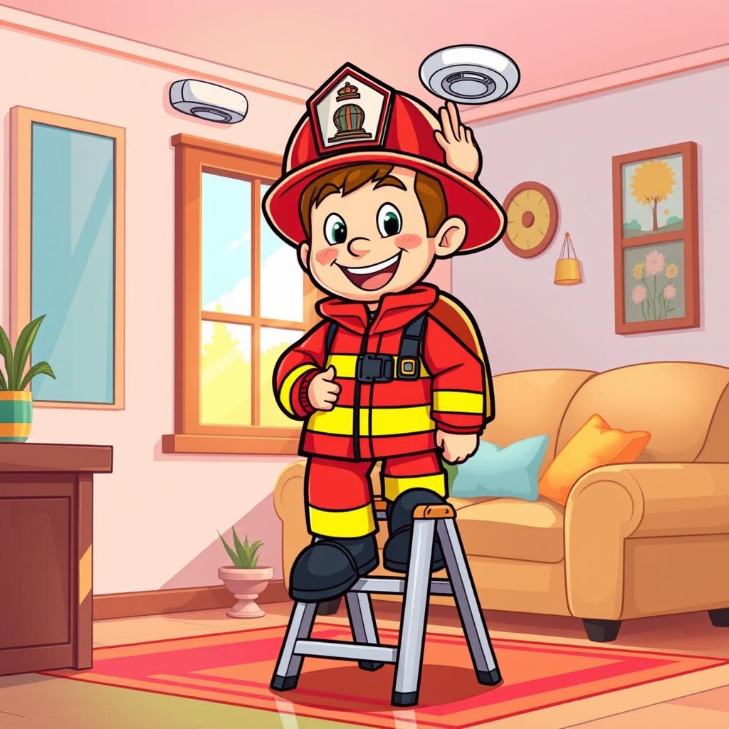 A cheerful cartoon firefighter installing a smoke detector in a cozy home environment