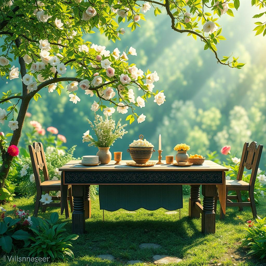 A vibrant spring-themed background featuring lush greenery and nature, combined with a traditional Haft-Seen table setup
