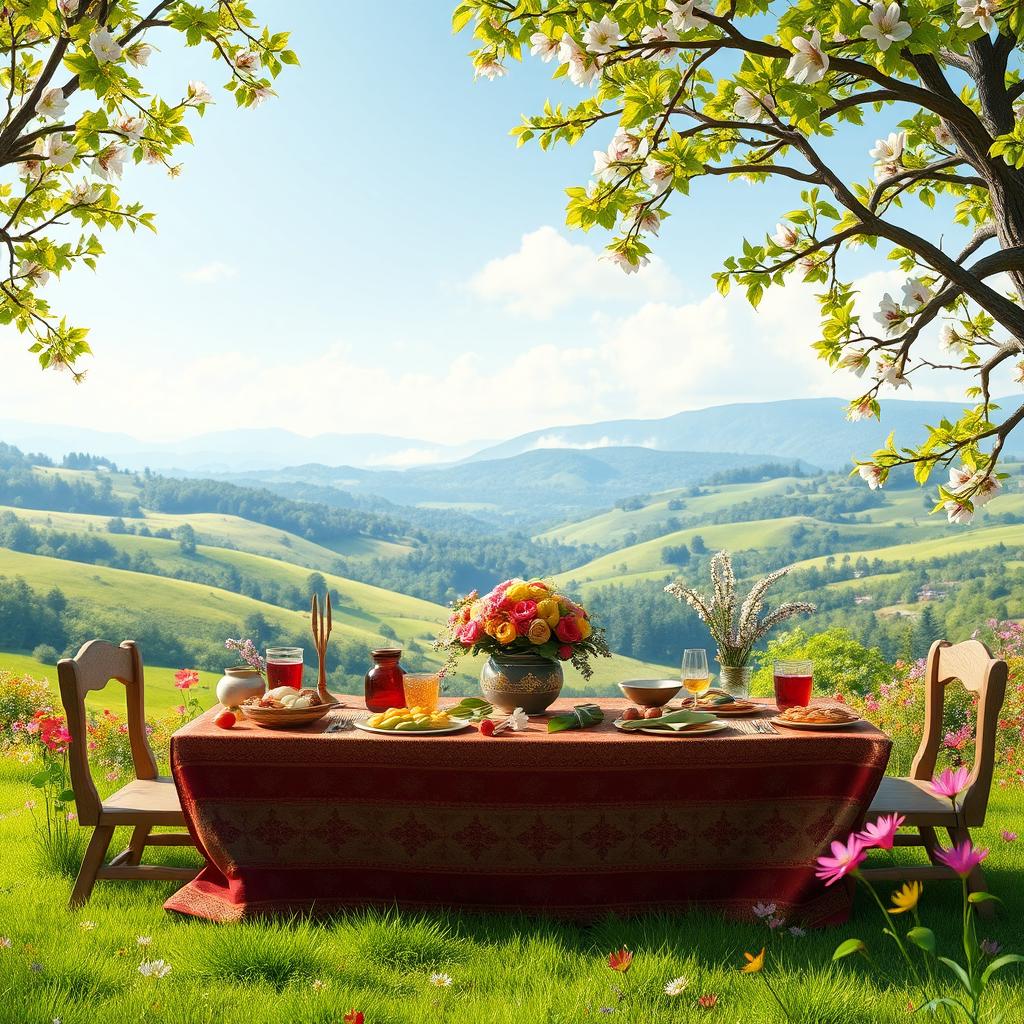 A vibrant and refreshing spring background featuring lush green landscapes and nature, with a traditional Haft-Seen table artistically arranged in the foreground