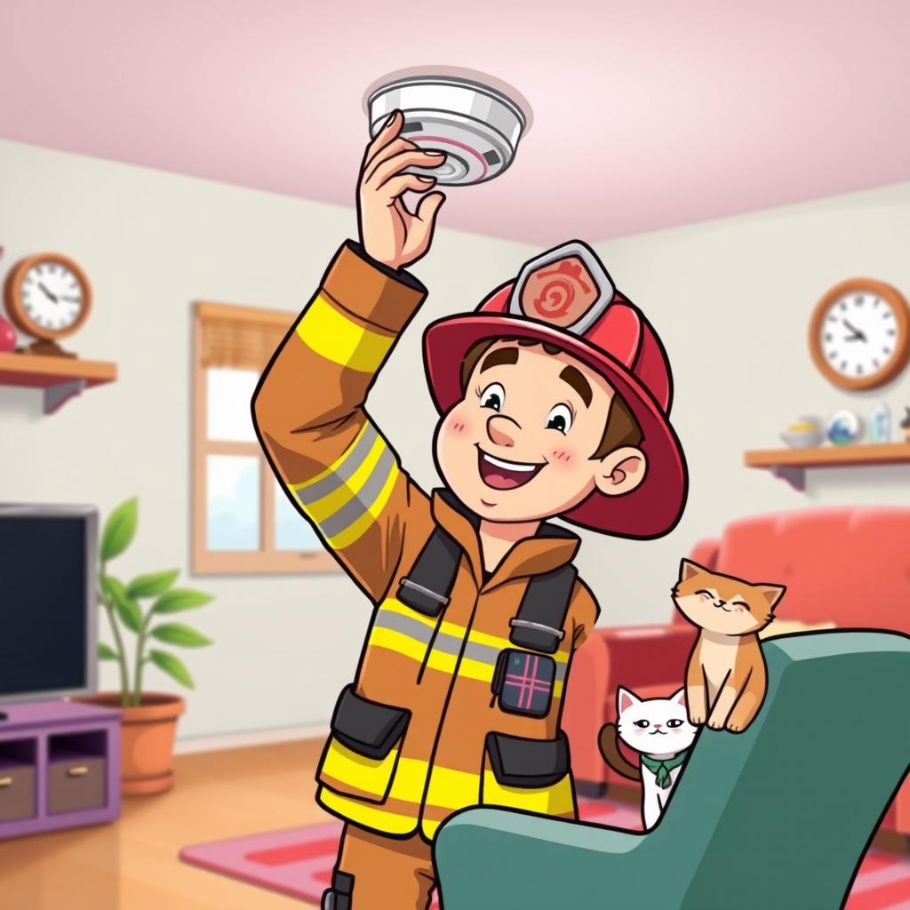 A cartoon-style illustration of a firefighter installing a smoke detector in a cozy home setting
