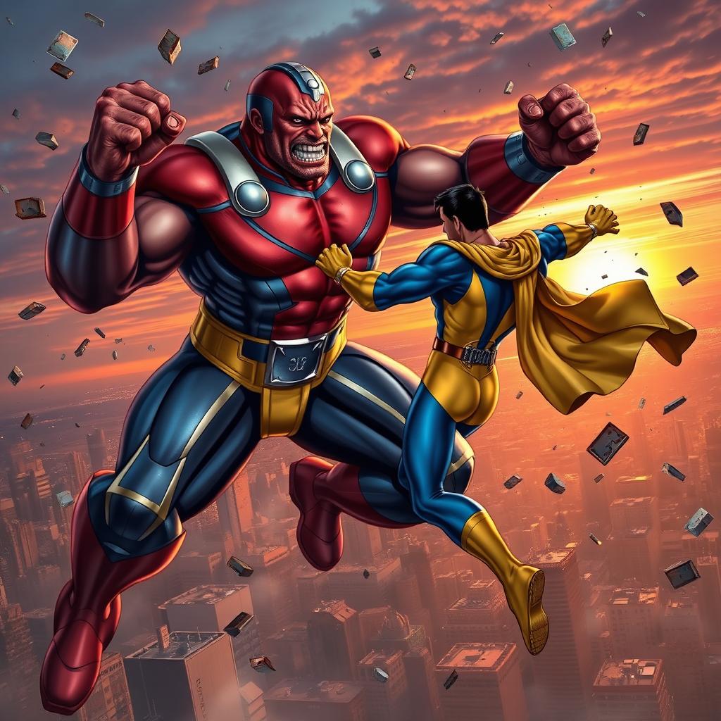 An epic showdown scene depicting Omni-Man and Invincible engaged in an intense battle high above a city skyline