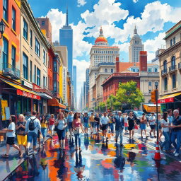 An impressionist painting capturing a bustling cityscape filled with vibrant colors and dynamic brush strokes