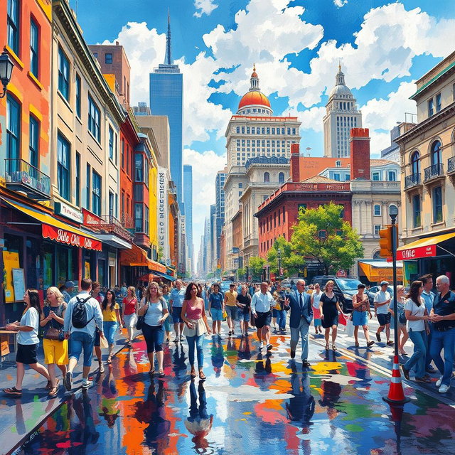 An impressionist painting capturing a bustling cityscape filled with vibrant colors and dynamic brush strokes