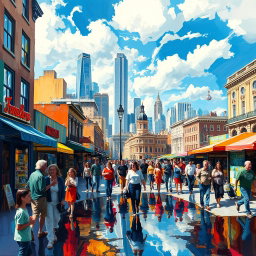 An impressionist painting capturing a bustling cityscape filled with vibrant colors and dynamic brush strokes
