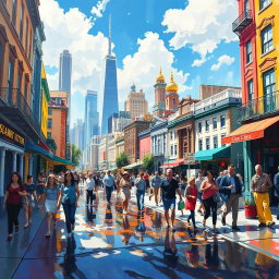 An impressionist painting capturing a bustling cityscape filled with vibrant colors and dynamic brush strokes