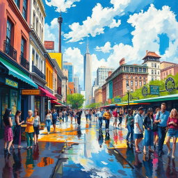 An impressionist painting capturing a bustling cityscape filled with vibrant colors and dynamic brush strokes