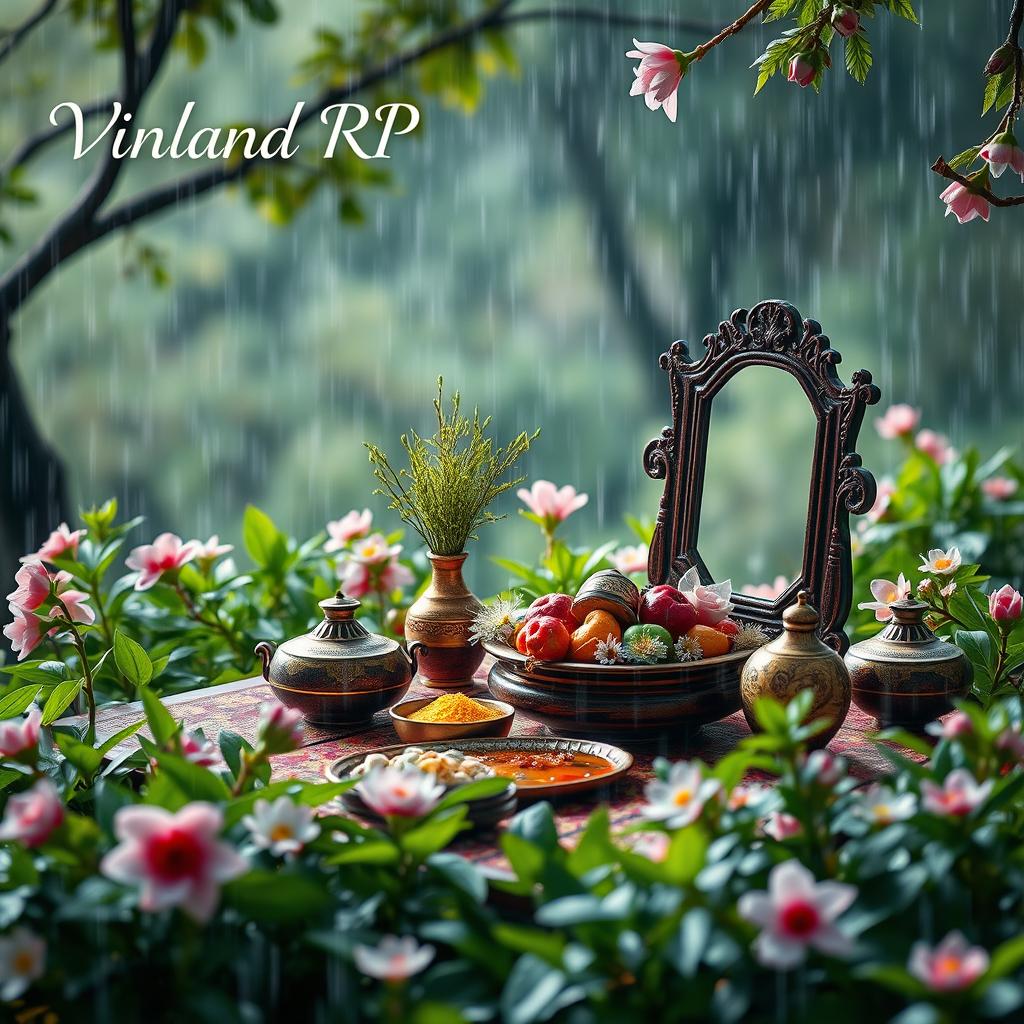 A spring-themed background featuring a rainy nature scene
