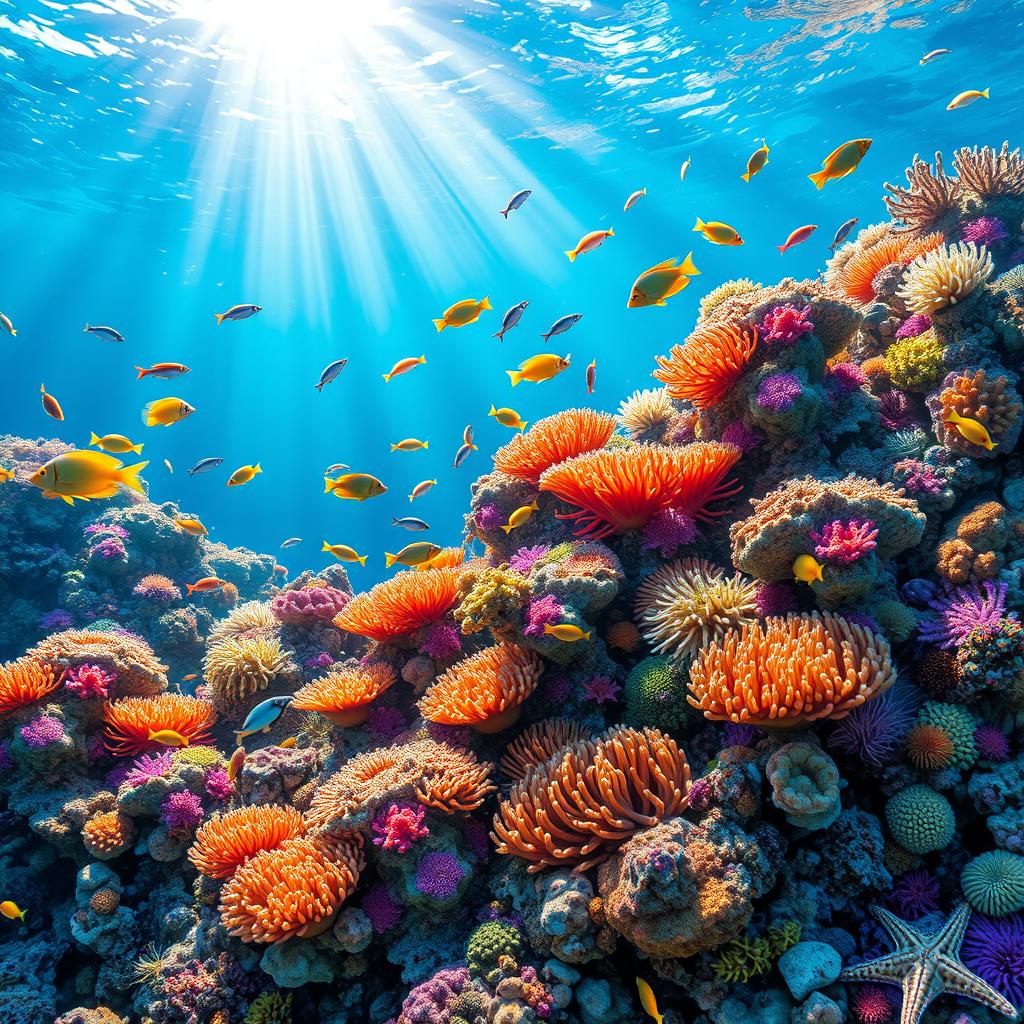 A vibrant underwater coral reef brimming with colorful marine life, including tropical fish, starfish, and anemones