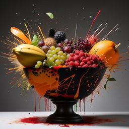 A high-definition, conceptual image of a deconstructed fruit bowl with artistically arranged splatters and an elegant composition.