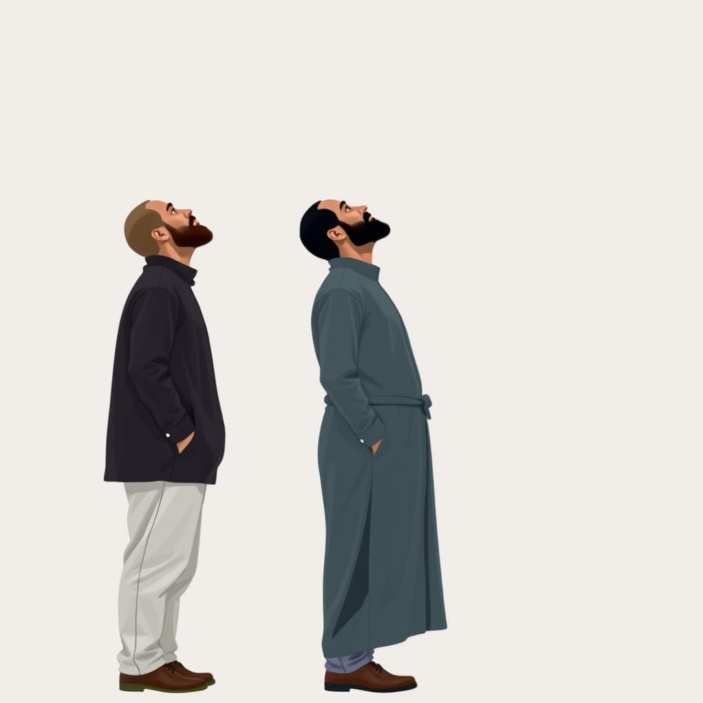 A two-dimensional image depicting three European Muslim men in profile, standing upright and looking up at the sky