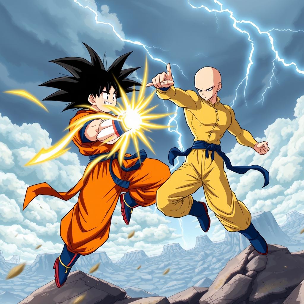 A dynamic and intense battle scene featuring Goku and Saitama engaged in an epic fight