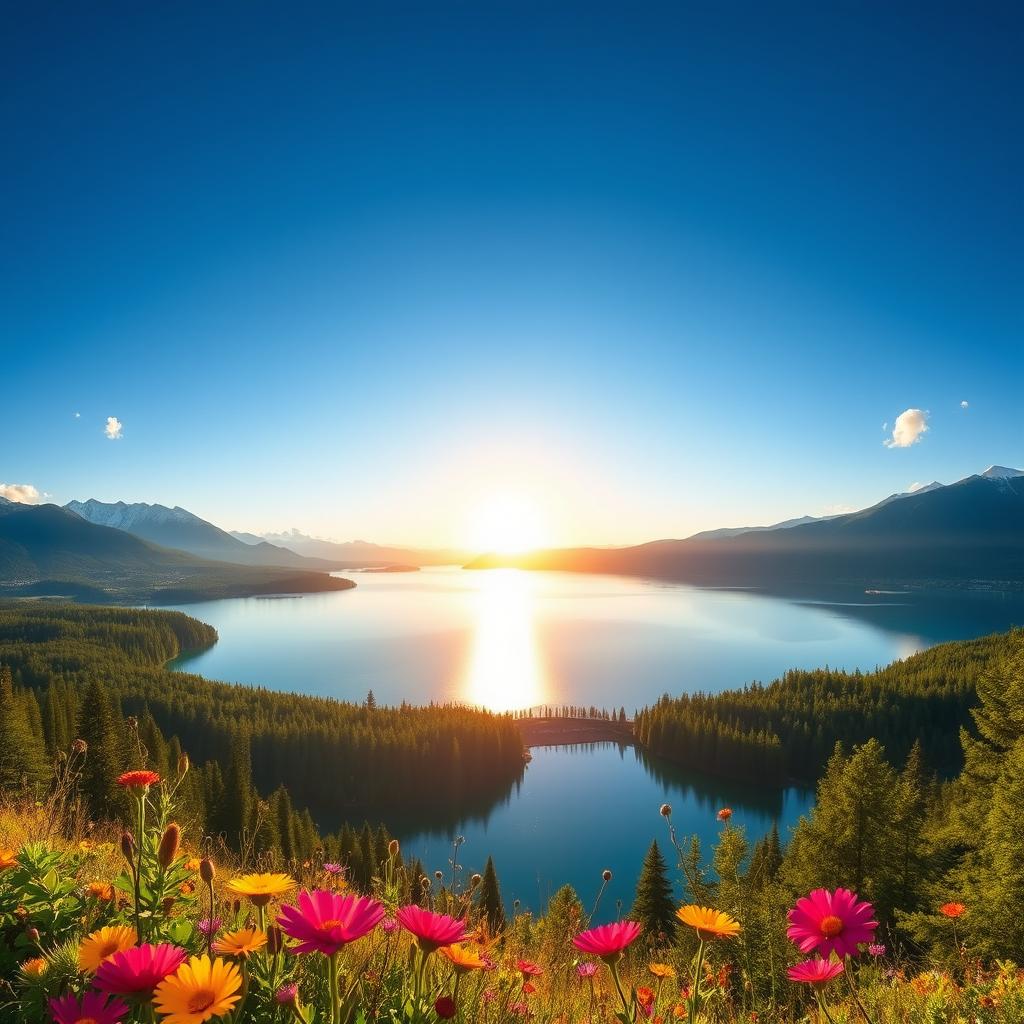 A stunning landscape featuring a serene lake surrounded by lush green forests under a bright blue sky