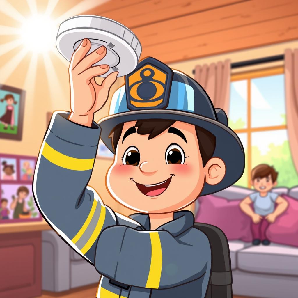 A cartoon-style illustration of a firefighter installing a smoke detector in a cozy home environment