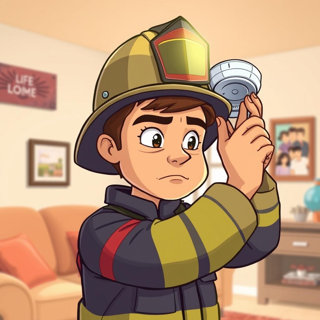 A cartoon-style illustration of a firefighter installing a smoke detector in a home, featuring a serious expression on the firefighter's face