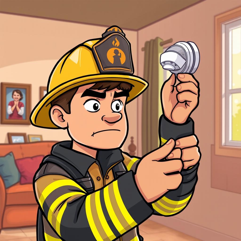 A cartoon-style illustration of a firefighter installing a smoke detector in a home, featuring a serious expression on the firefighter's face