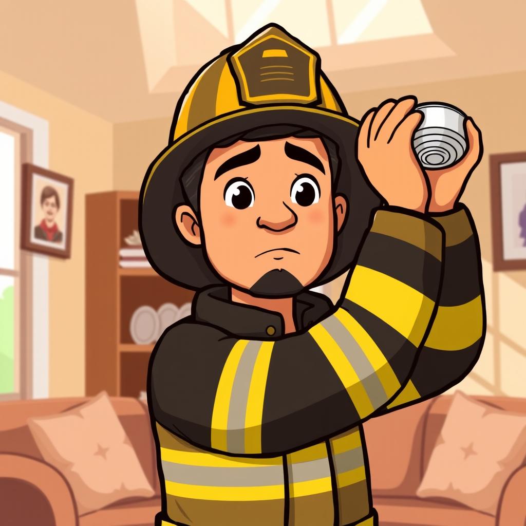A cartoon-style illustration of a firefighter installing a smoke detector in a home, featuring a neutral expression on the firefighter's face
