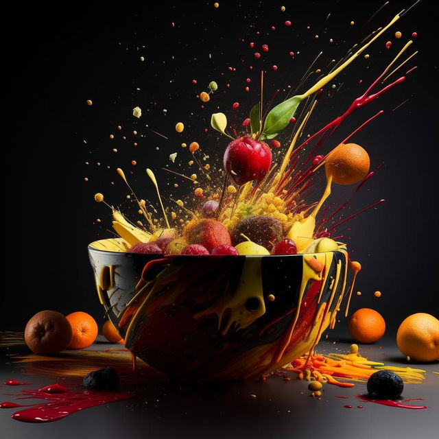 A high-definition, conceptual image of a deconstructed fruit bowl with artistically arranged splatters and an elegant composition.