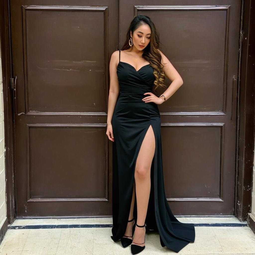 Elegant Beauty in Black Satin Cocktail Dress