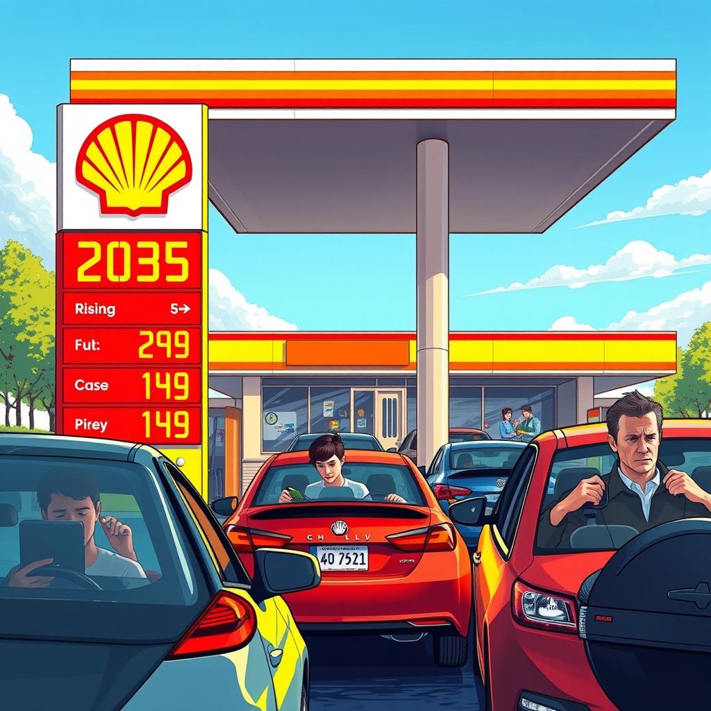 A conceptual illustration depicting the price increase of Shell fuel in 2025