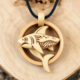 A beautifully carved shark pendant for a wooden necklace, featuring intricate and detailed carvings that appear more natural, all set within a circular frame