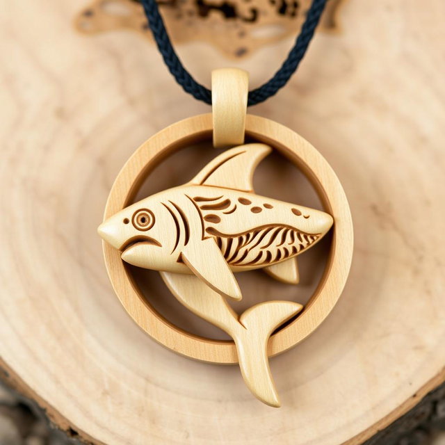 A beautifully carved shark pendant for a wooden necklace, featuring intricate and detailed carvings that appear more natural, all set within a circular frame