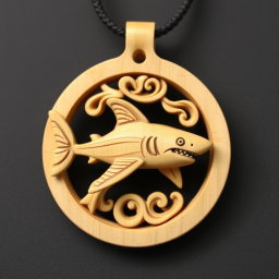 A beautifully carved shark pendant for a wooden necklace, featuring intricate and detailed carvings that appear more natural, all set within a circular frame