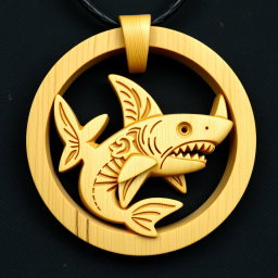A beautifully carved shark pendant for a wooden necklace, featuring intricate and detailed carvings that appear more natural, all set within a circular frame