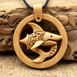 A beautifully carved shark pendant for a wooden necklace, featuring intricate and detailed carvings that appear more natural, all set within a circular frame