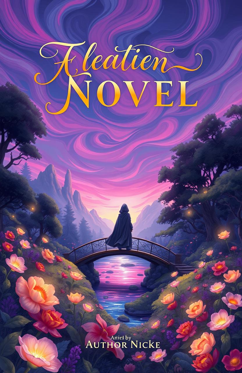 A beautifully illustrated book cover for a novel, featuring an enchanting fantasy landscape