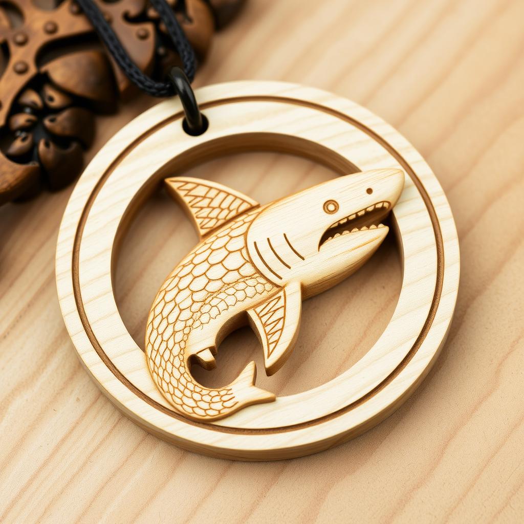 A beautifully intricate and naturalistic carving of a shark, designed for an engraved wooden necklace