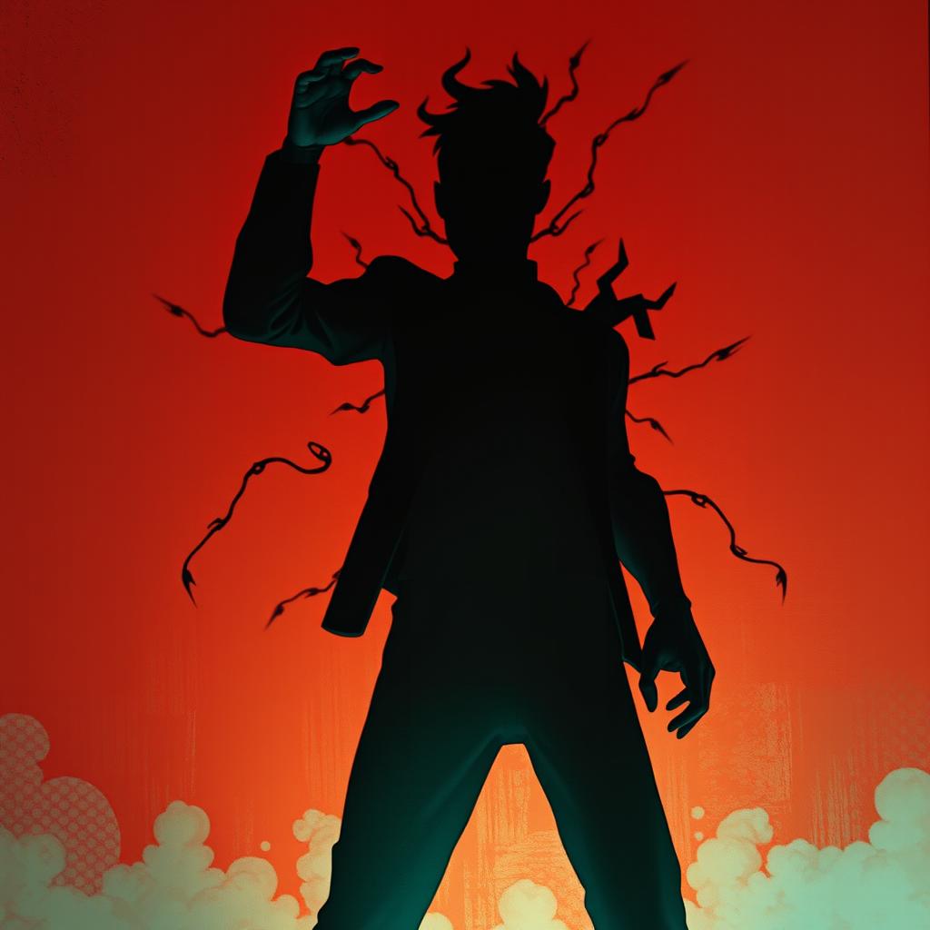 An animated shadow of a man embodying madness, with exaggerated features and wild, erratic movements