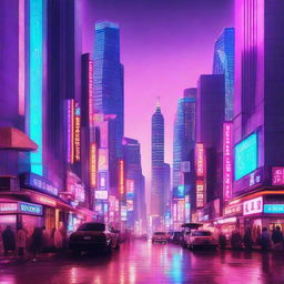 Fantasy version of Seoul at twilight, brought to life with vibrant neon lights and ethereal skyscrapers. Create an album cover with this stunning background, full of aesthetics and beauty.