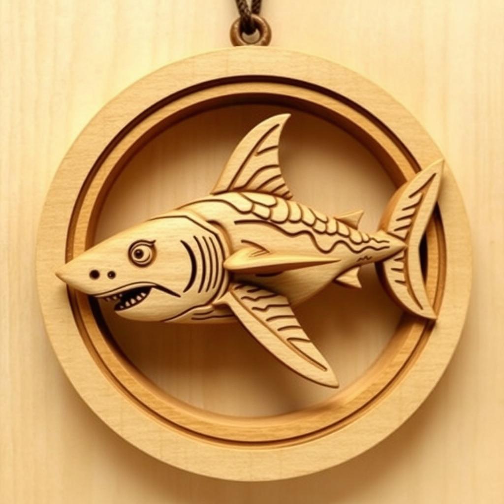 An elaborate and naturalistic carving of a shark for an engraved wooden necklace