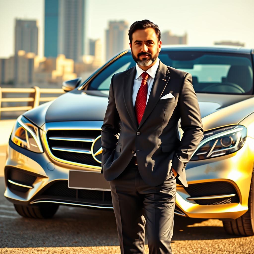 A classy Iranian lawyer standing next to a luxurious Mercedes-Benz, showcasing a confident demeanor