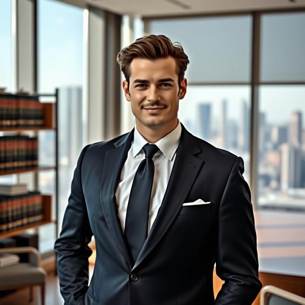 A classy and sophisticated male lawyer standing confidently in a modern office environment