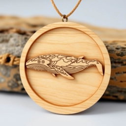 An elaborate and naturalistic carving of a blue whale, designed for an engraved wooden necklace