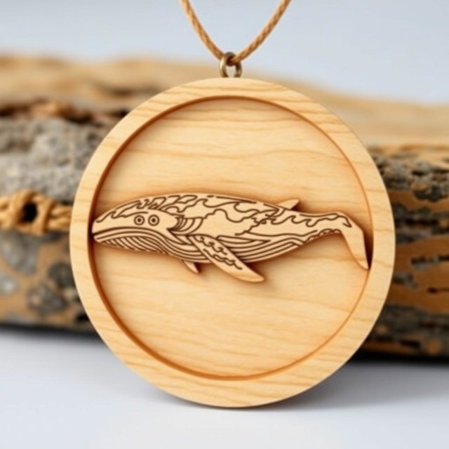 An elaborate and naturalistic carving of a blue whale, designed for an engraved wooden necklace