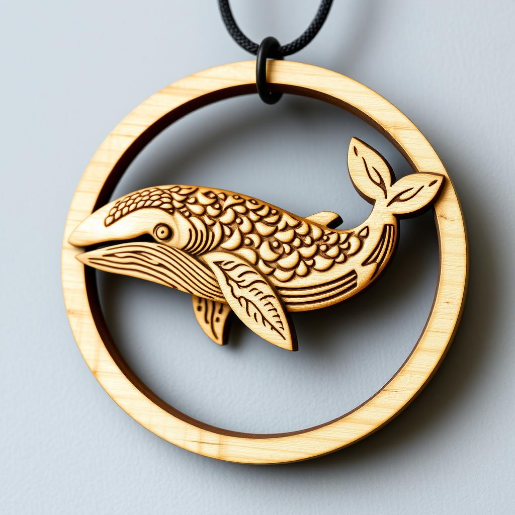 An elaborate and naturalistic carving of a blue whale, designed for an engraved wooden necklace