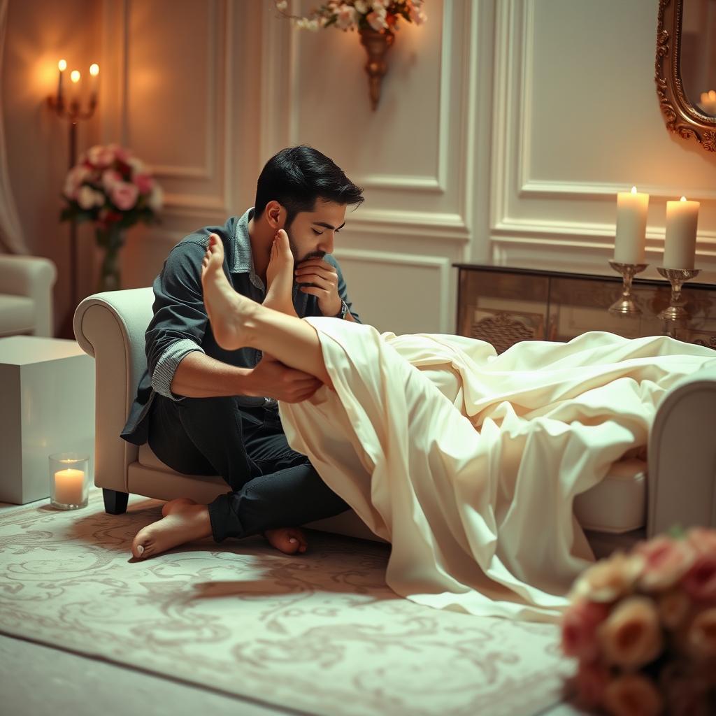 A romantic scene depicting a man passionately kissing a woman's feet, showcasing a graceful setting with soft lighting and elegant decor
