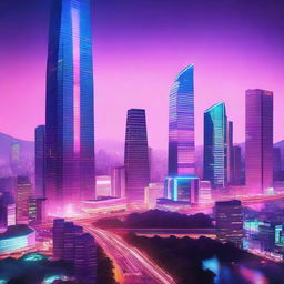 Fantasy version of Seoul at twilight, brought to life with vibrant neon lights and ethereal skyscrapers. Create an album cover with this stunning background, full of aesthetics and beauty.