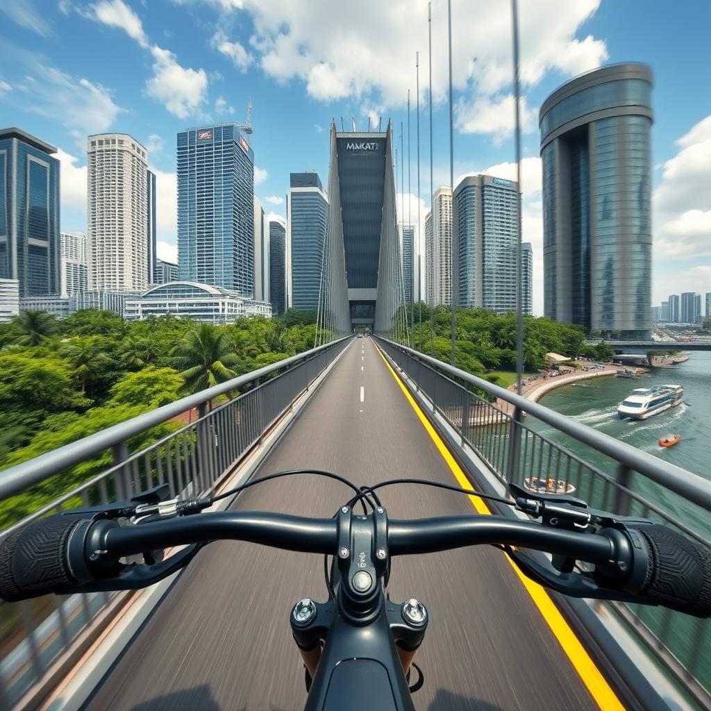 A hyper-realistic first-person view from the perspective of a 5'6" Filipino boy riding a black mountain bike across the Makati Bridge in the Philippines